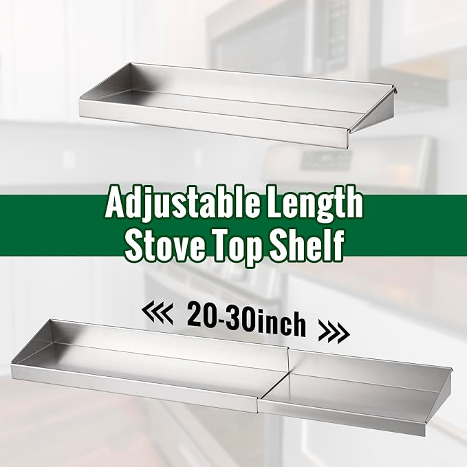 RECAPS 30" Adjustable Length Stove Top Shelf - Stainless Steel Stove Shelf, Spice Rack Over Stove for Kitchen Stove, Kitchen Shelf for Back of Stove with Double-sided Tape, Fit for Flat Top Only