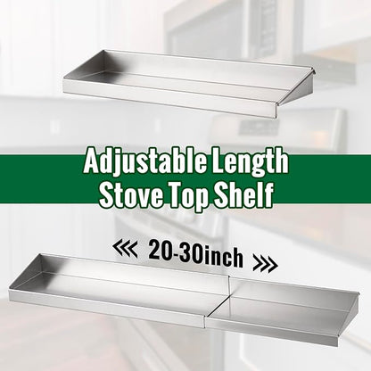 RECAPS 30" Adjustable Length Stove Top Shelf - Stainless Steel Stove Shelf, Spice Rack Over Stove for Kitchen Stove, Kitchen Shelf for Back of Stove with Double-sided Tape, Fit for Flat Top Only