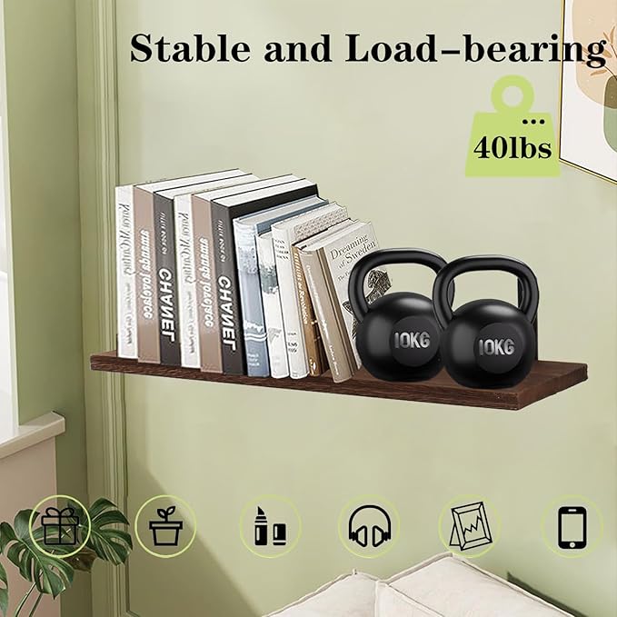 Floating Shelves Over Toilet, Wall Mounted Bathroom Organizer Shelf with Storage Basket for Toilet Paper, Wood Wall Shelves with Towel Rack for Bathroom Bedroom(Dark Brown, Set of 4, 16 in)