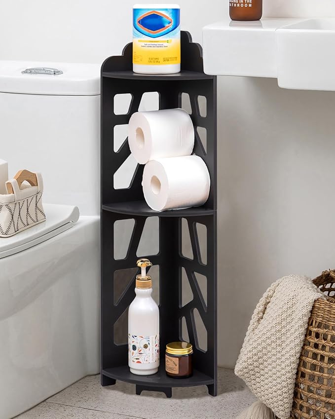 Corner Shelves,Corner Shelf Stand Waterproof Great for Bathroom Storage Tight Space,Small Shelf Stand Fit for Toilet Paper Holder Storage, Corner Tables for Small Space,Black