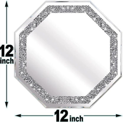 2 Piece Wall Mirrors Octagon, Crush Diamond Mirrors Wall Decor, Silver Decorative Mirrors for Living Room Decor, Bedroom, Bathroom. (12”x12”)