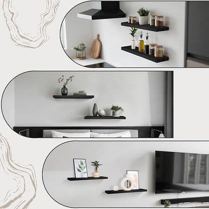 Solid Wood Floating Shelves for Wall 24 inch Bathroom Hanging Wall Shelves Set of 2 for Living Room Bedroom Kitchen Farmhouse 24x6.7 inch - Black