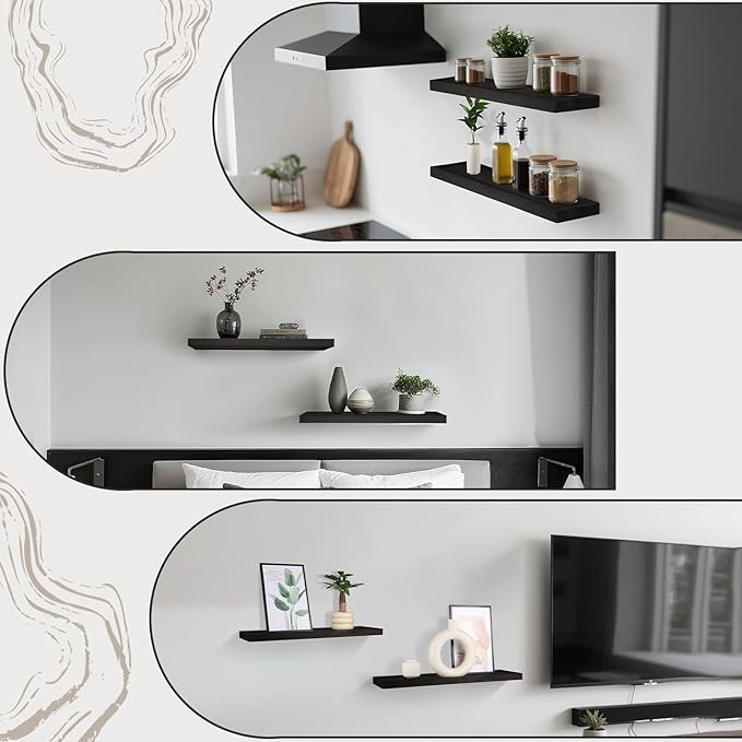 Solid Wood Floating Shelves for Wall 24 inch Bathroom Hanging Wall Shelves Set of 2 for Living Room Bedroom Kitchen Farmhouse 24x6.7 inch - Black