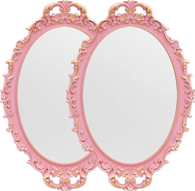 2PACK - Vintage Decorative Pink Framed Mirror, Wall Hanging Mirrors & Tabletop Tray for Bedroom Living Room Dresser Decor, Oval- 9.6" W x 14.3" L (PINK-2PACK)