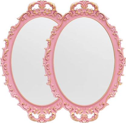 2PACK - Vintage Decorative Pink Framed Mirror, Wall Hanging Mirrors & Tabletop Tray for Bedroom Living Room Dresser Decor, Oval- 9.6" W x 14.3" L (PINK-2PACK)