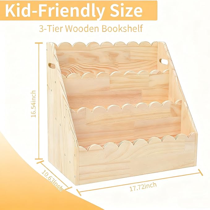 Kids Bookshelf 3-Tier, Solid Wood Bookcase & Montessori Book Display Rack, Open Front Facing Bookshelves for Toddlers, Children's Room, Nursery, Bedroom, Playroom Organizer (Small)