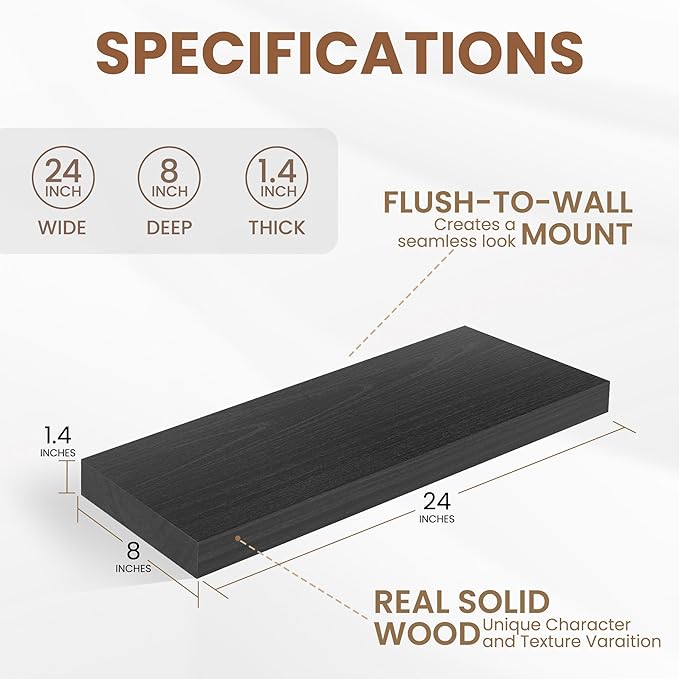 Fun Memories Rustic Floating Shelves for Home Decor, 8 Inch Deep Floating Shelf, Solid Wood Floating Wall Shelves 24 Inch Long, Deep Wall Shelves for Bathroom, Living Room, Black Finsh, Set of 2