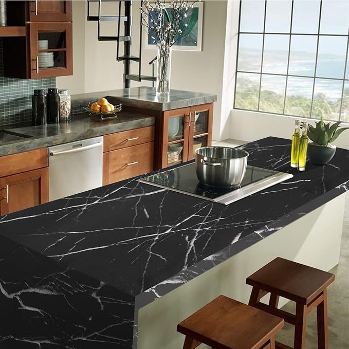 practicalWs 17.71''×196.8'' Marble Contact Paper Black/White Peel and Stick Wallpaper Thicken Self Adhesive Black Wallpaper for Countertops Cabinets Decorative Easy to Remove Upgrade