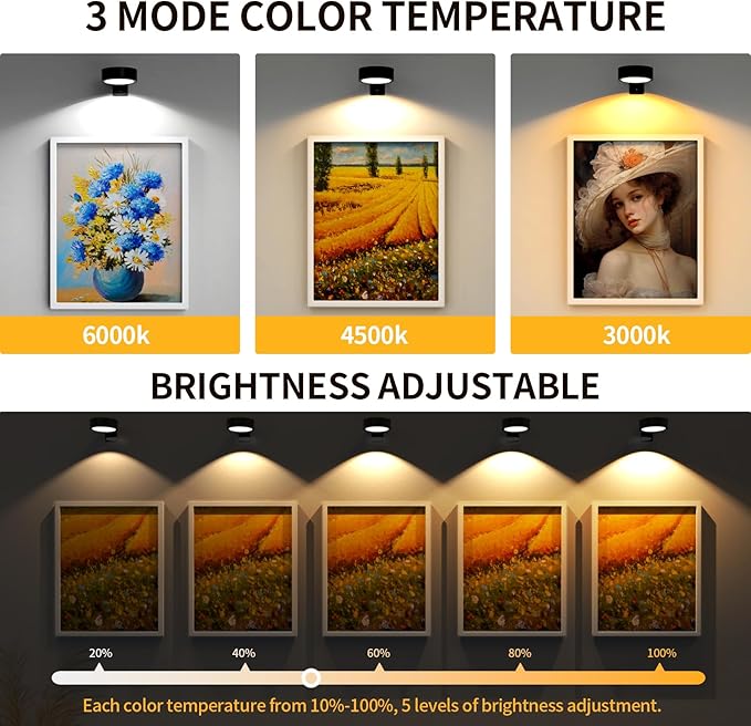 6 Pack Picture Lights for Wall, Rechargeable Battery Operated Wall Lights, Picture Frame Lights with 3 Lighting Modes, Wireless Magnetic Painting Light with Remote Control Timer, (Black)