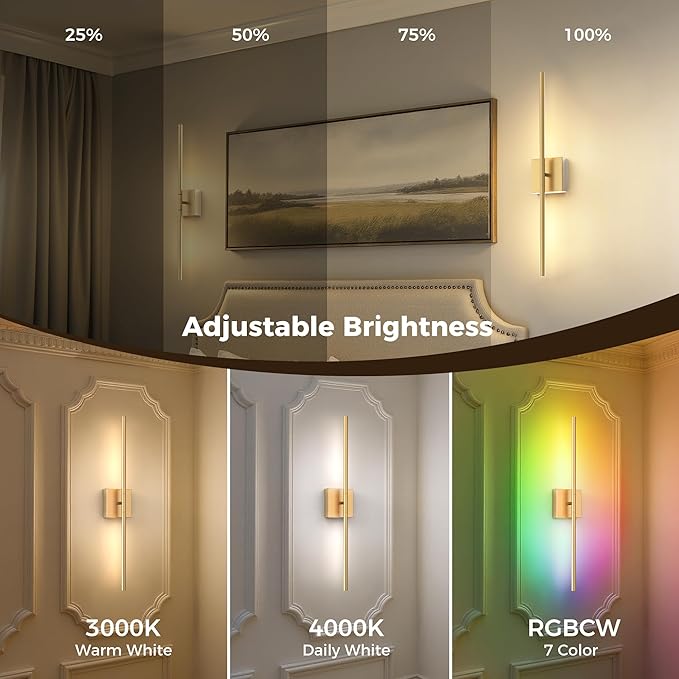 L LOHAS LED Battery Operated Wall Sconces Set of 2, Battery Wall Sconce 10000mAh, Gold Rechargeable Sconces 3CCT + RGB, 28.7 Inch Wireless Wall Lights, Sconce Wall Decor for Bedroom, Living Room