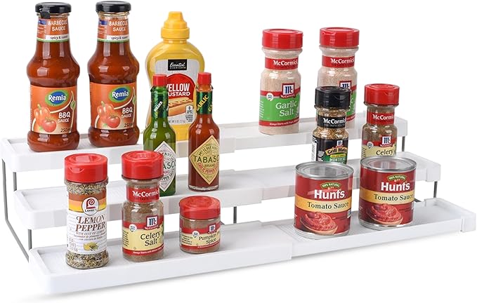 OMAIA 3 Tier Spice Rack Organizer - Expandable 3-Level Seasoning & Spice Organization for Cabinet, Pantry, Kitchen Countertop - Adjustable Length with Sturdy Metal Frame - White