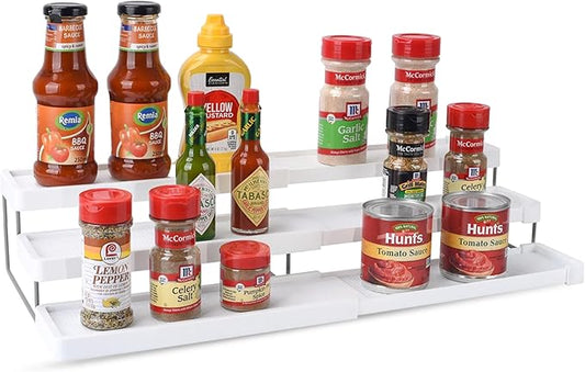 OMAIA 3 Tier Spice Rack Organizer - Expandable 3-Level Seasoning & Spice Organization for Cabinet, Pantry, Kitchen Countertop - Adjustable Length with Sturdy Metal Frame - White