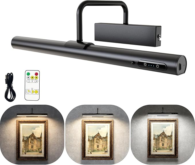 Picture Lights Wall Battery Operated, 14" 6000mAh Rechargeable Display Light with Remote/Rotatable/Dimmable/3CCT Magnetic Wireless Lamp for Painting/Gallery/Artwork/Portraits/Phote/Frame/Poster(Black)
