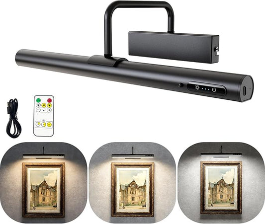 Picture Lights Wall Battery Operated, 14" 6000mAh Rechargeable Display Light with Remote/Rotatable/Dimmable/3CCT Magnetic Wireless Lamp for Painting/Gallery/Artwork/Portraits/Phote/Frame/Poster(Black)