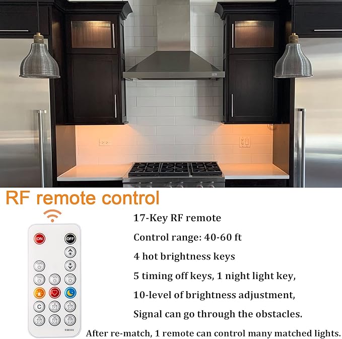 WOBANE LED Puck Lights, Wired Under Cabinet Lighting Kit with Remote, Dimmable Counter Lighting for Kitchen,Closet,Bookshelf,Shelf,700lm,2700K Warm White,Super Bright,Timing, Set of 4
