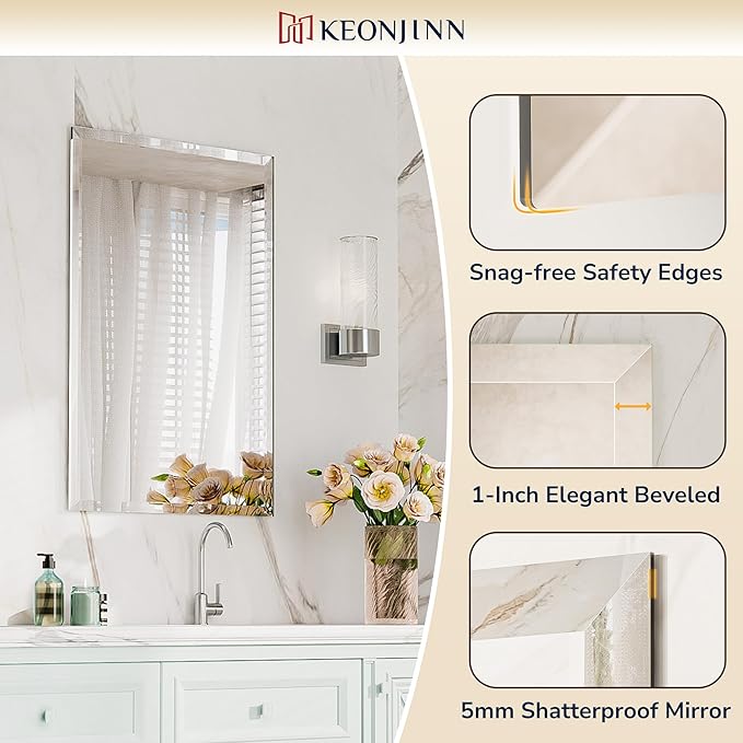 Keonjinn 40 x 30 Inch Bathroom Mirror with Beveled Edge, Frameless Mirrors for Over Sink, Rectangle Wall Mirror Shatterproof, Modern Decorative for Living Room, Entryway, Bedroom, Horizontal/Vertical