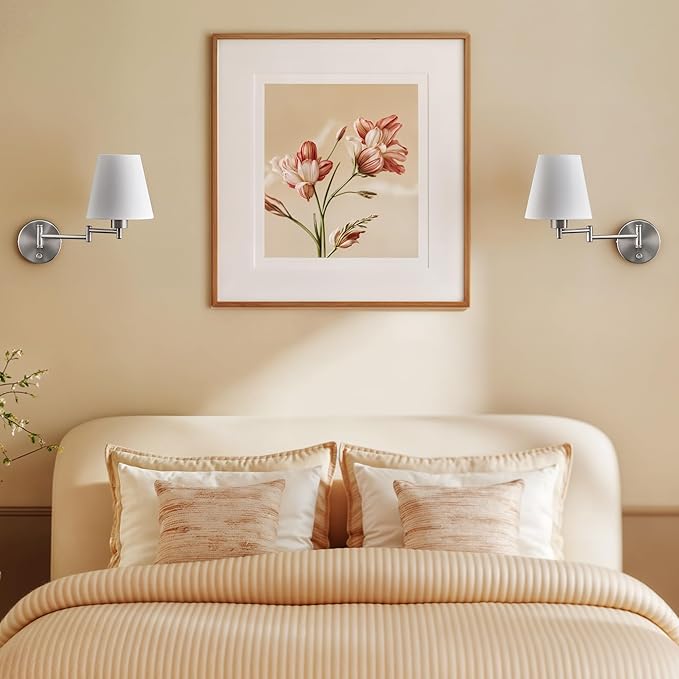 VONLUCE Modern Adjustable Swing Arm Wall Lamp Brushed Nickel, Plug-in Wall Sconce Lighting for Bedroom Bedside, Living Room, Kitchen, Hallway, Wall Mounted Light Fixtures with White Fabric Shade