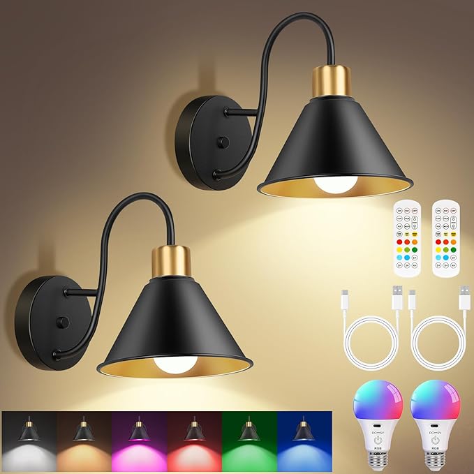 Frideko Rechargeable Wall Sconces Set of Two with Remote, RGB 15 Colors Dimmable Battery Operated Wall Lights, Indoor Black Wall lamp with 4 Timer, Wireless Sconce Lighting for Living Room Bedroom