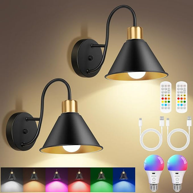Frideko Rechargeable Wall Sconces Set of Two with Remote, RGB 15 Colors Dimmable Battery Operated Wall Lights, Indoor Black Wall lamp with 4 Timer, Wireless Sconce Lighting for Living Room Bedroom