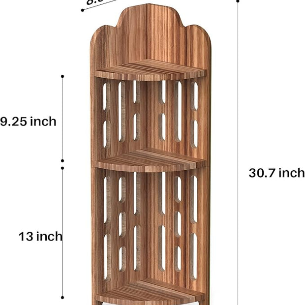 Meangood Bathroom Corner Shelf Stand, 3 Tier Pine Wood Display Shelf for Narrow Space, Shower Corner Shelf, Plant Stand Nightstand, for Living Room, Bedroom, Home Office, Elegant