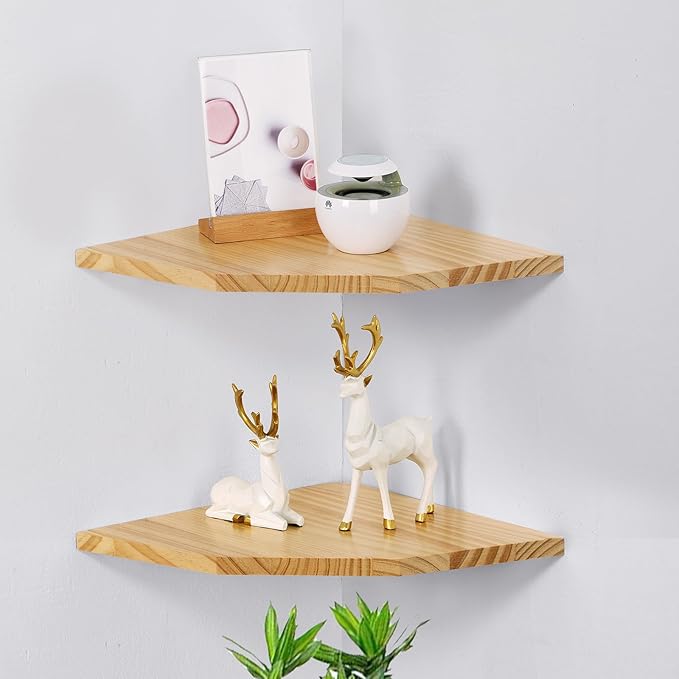 Wood Corner Wall Shelves Set of 2, Solid Wood Corner Floating Shelves, Round End Wall Mounted Floating Corner Shelf for Bedroom, Living Room and Kitchen (10 inch)
