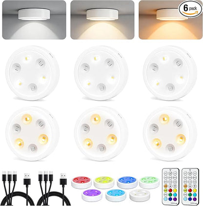 6-Pack Puck Lights with Remote, 1800mAh Rechargeable Under Cabinet Lighting, 3 Color Temps & 7 RGB Colors, Long-Lasting Dimmable Stick-On Lights for Cabinet, Kitchen, Shelf, Party