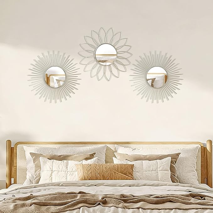 3 Pack Metal Mirrors for Wall Sunburst Wall Mirrors Home Décor Decorative Hanging Wall Art for Living Room Bedroom Entryway (Silver2, Flower+Sunburst)
