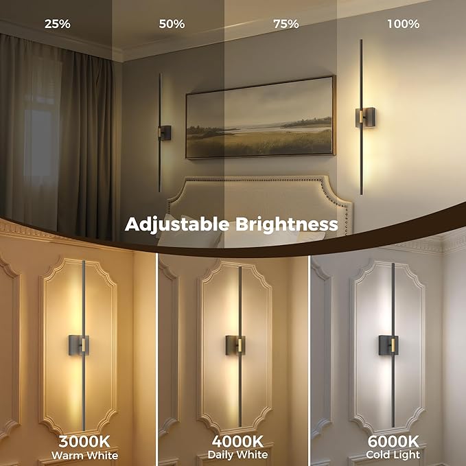 L LOHAS LED Battery Operated Wall Sconces Set of 2, Battery Wall Sconce 10000mAh, Gold and Black Rechargeable Sconces 3CCT, 31.6 Inch Wireless Wall Lights, Sconce Wall Decor for Bedroom, Living Room