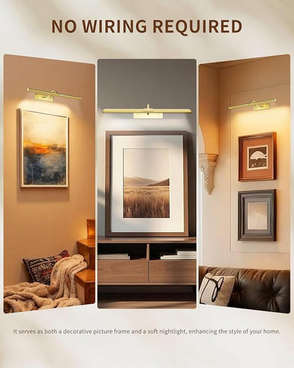 16 Inch Dimmable Picture Light, Gold LED Art Painting Wall Light with Remote Control & Timer, 3 Color Temperatures, Battery Operated Wall Sconce for Framed Pictures (Golden, 16 INCH)