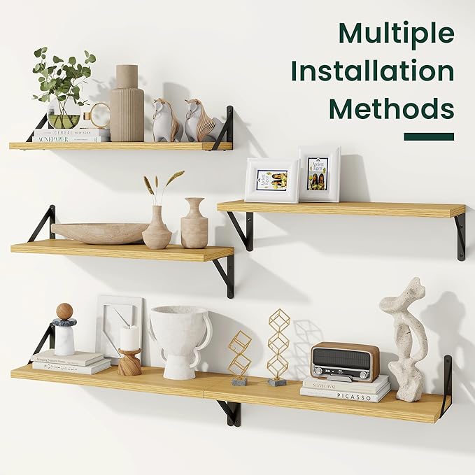 Floating Shelves, 8 Inch Deep Rustic Wood Wall Storage, 16W x 8D Wall Shelves Set of 2, Heavy Duty Metal Brackets, Industrial Book Shelf for Living Room, Kitchen, Bathroom, Bedroom, Oak
