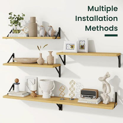 Floating Shelves, 8 Inch Deep Rustic Wood Wall Storage, 16W x 8D Wall Shelves Set of 2, Heavy Duty Metal Brackets, Industrial Book Shelf for Living Room, Kitchen, Bathroom, Bedroom, Oak
