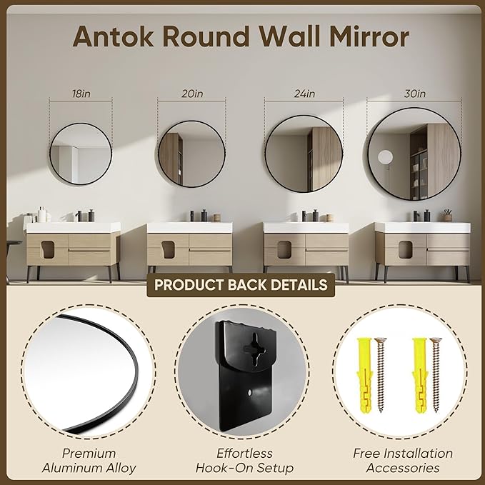 Antok 20 Inch 2PCS Round Mirror for Wall, Round Bathroom Mirror, Circle Wall Mirrors with Black Metal Frame, Circle Mirrors Suitable for Wall, Bathroom, Vanity, Living Room, Entryway