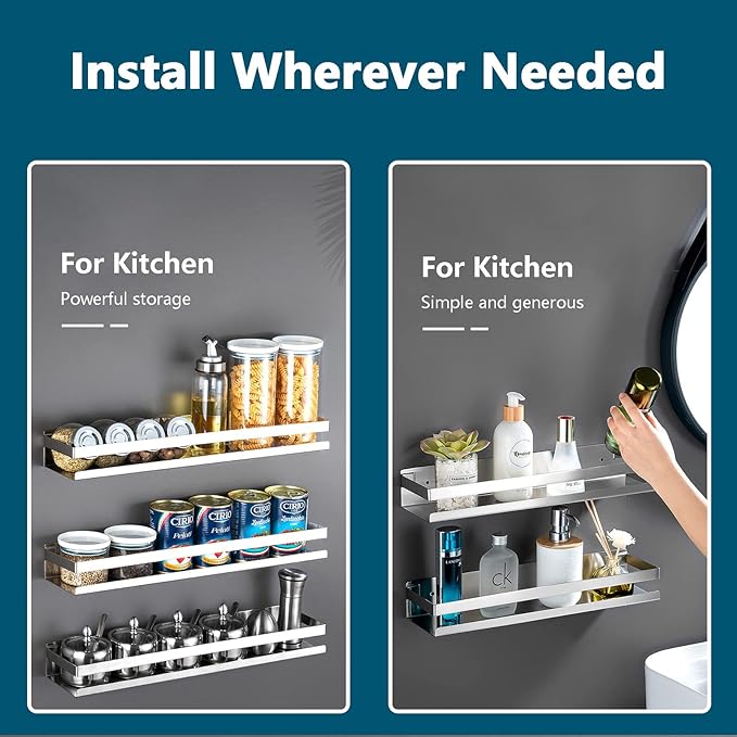 Rustproof Metal Storage Floating Shelves Wall Mounted Rectangular Shelf for Bedroom,Bathroom, Living Room, Kitchen, and Laundry Room,Nail-Free Wall-Mounted Shelves（15.75 Inch Silver）