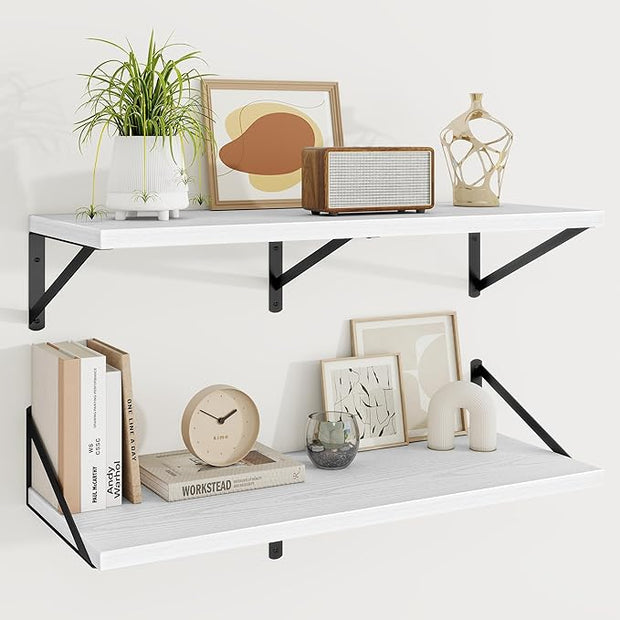 Floating Shelves, 12 Inch Deep Rustic Wood Wall Storage, 36W x 12D Wall Shelves Set of 2, Heavy Duty Metal Brackets, Large Industrial Book Shelf for Living Room, Kitchen, Bedroom, White