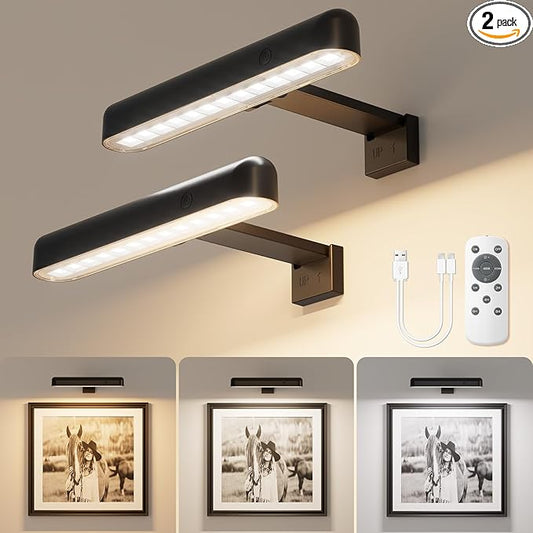 VOLISUN Picture Lights for Wall, Rechargeable Picture Light Battery Operated, 3 Color Temperatures Cordless Picture Light with Remote, Art Lighting for Paintings, Gallery, Portrait, 2 Pack (Black)