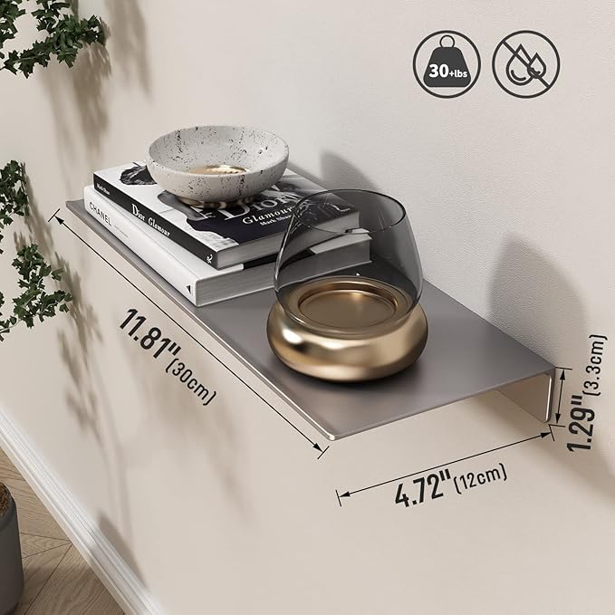 Danpoo Metal Wall Shelf, Small Floating Shelf Bathroom Wall Shelf, 12" Display Shelves for Wall Storage, Grey