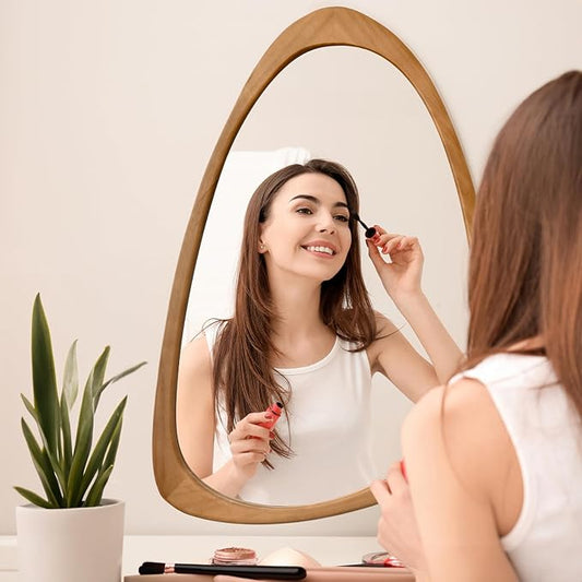 sawsile Irregular Wall Mirror for Bathroom,Wood Asymmetrical Rustic 19.5 x 30.5 inch Farmhouse Vanity Unique Walnut Decorative Large Mirror for Entryway,Bedroom,Living Room,Washroom