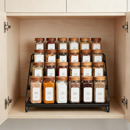 Black Spice Shelf, Tiered Spice Rack Organizer for Cabinet, 4 Tier Countertop Spice Rack, Depth Adjustable Seasoning Organizer for Cabinet