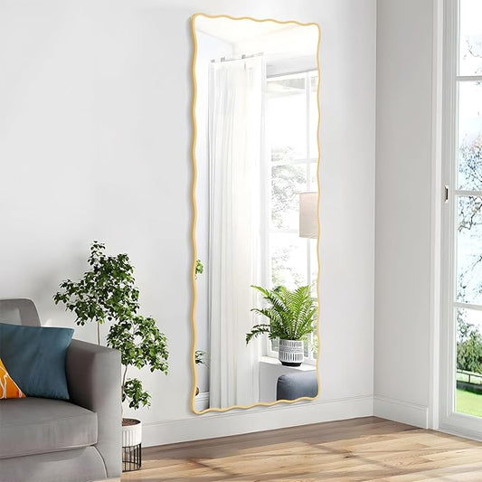 60X24 Inch Gold Wavy Bathroom Mirror for Wall, Scalloped Bathroom Vanity Mirror Farmhouse, Large Rectangle Mirror, Tempered Glass, Hangs Horizontally or Vertically