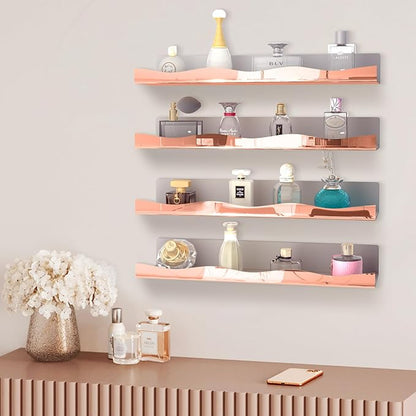 YMVV 15.7 in Large Rose Golden Reflective Acrylic Mounted Floating Shelf, Perfume Organizer Shelf, Modern Bathroom Storage Toy Display Organizer Decor 4 Pack