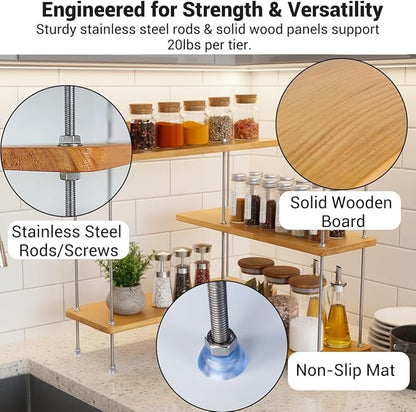 VINIUSIKI Adjustable 4 Tier L-Shaped Countertop Shelf Organizer, DIY Kitchen Corner Spice Rack for Countertop, Wood Coffee Counter Shelf Organizer for Home Office - 15.7"x15.7"x16.14" (LxWxH), Wood