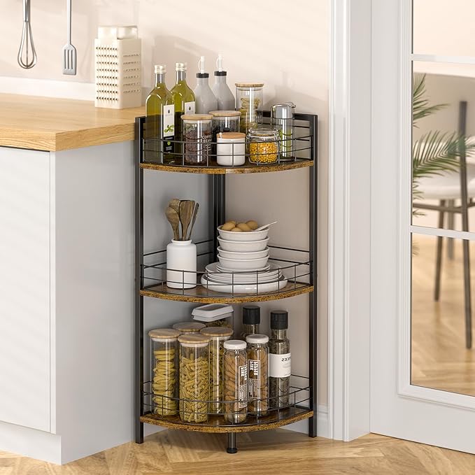 Bathroom Standing Shelf, 3 Tier Corner Stand, Free-Standing Shelf Units, Triangular Curved Corner Shelf Stand for Small Space, Ideal for Bathroom,Kitchen,Vanity Storage and Organizer