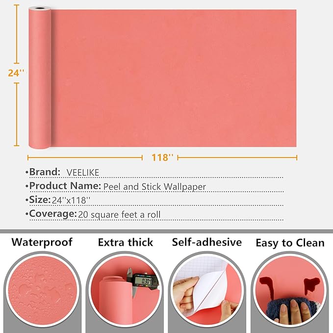 VEELIKE Thick Salmon Pink Wallpaper Stick and Peel Coral Pink Contact Paper for Cabinets Desk Furniture Walls 24''x118'' Self Adhesive Removable Solid Color Vinyl Wallpaper for Girls Bedroom Nursery