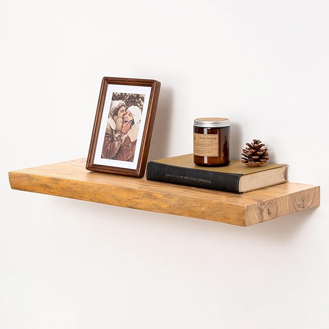 fuqing Wood Floating Shelves for Wall - Solid Elm Wood Live Edge Floating Shelves 24 Inch - 9 Inch Deep Natural Wooden Wall Shelves with Upgraded Heavy Duty Brackets and Anchors