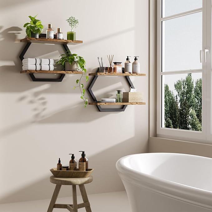 Floating Shelf- Floating Shelf for Wall Set of 2, 2 Tier Shelves for Wall for Bathroom, Bedroom, Toilet, Kitchen, Living Room, Office, Rustic Brown