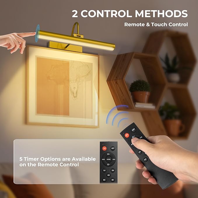 13'' Picture Light for Wall, 5200 mAh Battery Operated Picture Light with Remote & Timer for Wall Art - 3 CCT Dimmable LED, Brass Finish
