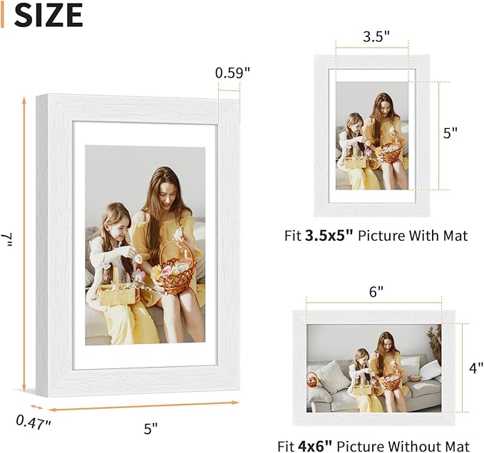 4x6 Picture Frame Set of 4, Displays 3.5x5 with Mat or 4x6 Without Mat, Photo Frames for Wall Hanging or Tabletop, Includes HD Plexiglass, White