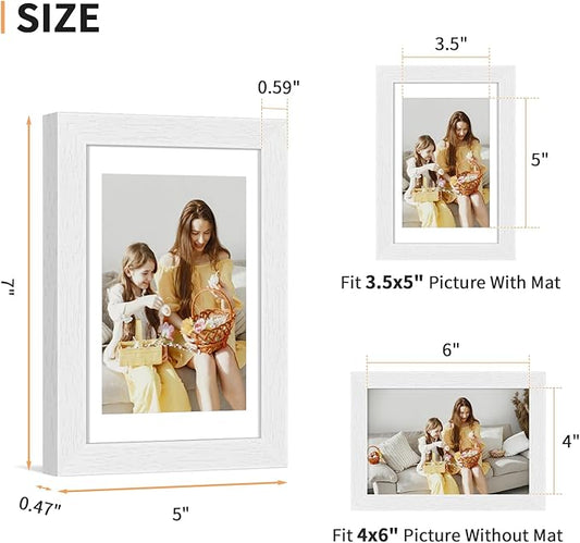 4x6 Picture Frame Set of 4, Displays 3.5x5 with Mat or 4x6 Without Mat, Photo Frames for Wall Hanging or Tabletop, Includes HD Plexiglass, White