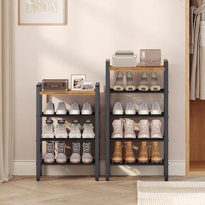 5-Tier Narrow Shoe Rack, Tall Shoe Rack for 5-10 Pairs, Slim Shoe Storage Organizer with Wooden Top, Space Saving, Metal Frame, for Entryway, Rustic Brown and Black SS65BR