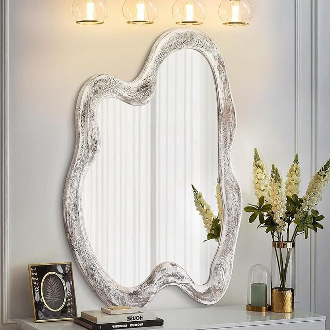 AAZZKANG Irregular Wall Mirror Wooden Large Asymmetrical 24"x16" Decorative Hanging Mirrors for Bedroom Dressing Room Living Room Bathroom Entryway White